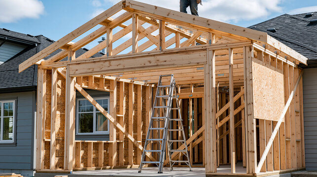Home Construction in Progress: The timber frame of a new house extension is meticulously constructed, showcasing the intricate wooden beams and studwork, with a ladder and a worker on the roof.