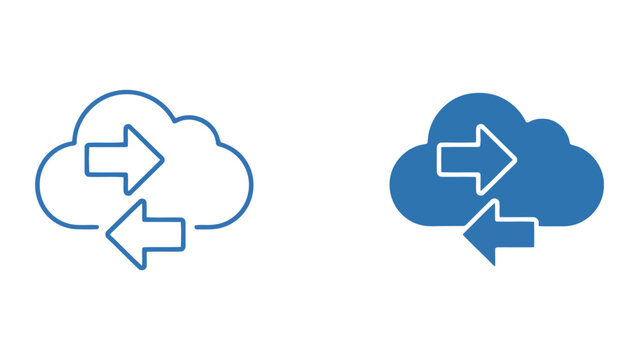 Cloud storage icon with bidirectional arrows for data upload and download synchronization in professional flat vector graphic design for cloud services and digital data management platforms