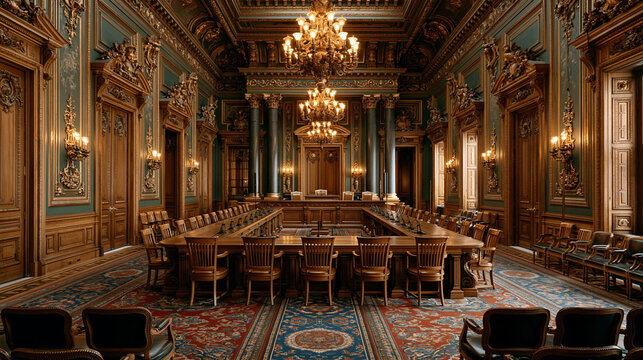 Ornate Meeting Room: An opulent and grand meeting room with a large, polished wooden table surrounded by luxurious chairs, all illuminated by a magnificent chandelier.