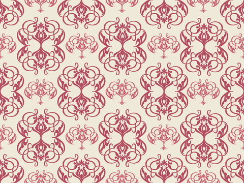 luxury vintage damask seamless pattern in burgundy red on cream beige background, classic baroque floral ornament vector illustration for wallpaper, fabric, and textile design.