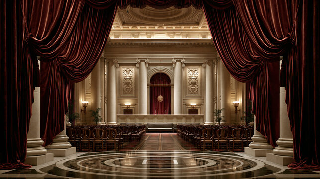 Grand Hall of Justice: The opulent interior of a grand hall, featuring ornate marble floors, towering columns, plush red velvet curtains, and a central raised platform with an emblem.