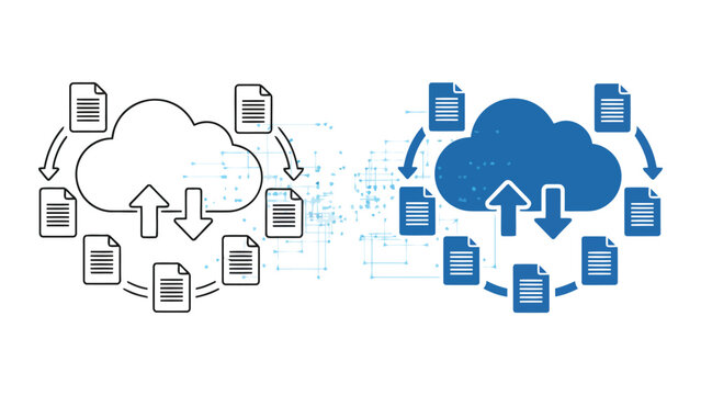 Cloud computing data exchange diagram showing multiple document files circulating around a central cloud server for file sharing and synchronization in a digital network environment vector graphic