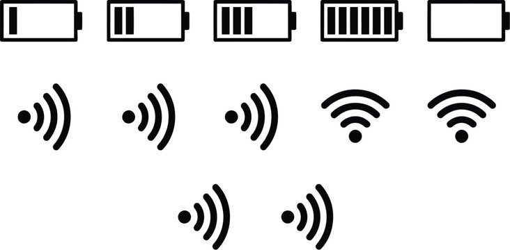 Mobile, phone status bar icon set featuring battery, WiFi, 5G network and notification symbols for digital interface design, vector illustration.