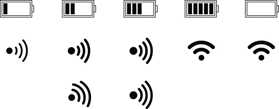 Mobile, phone status bar icon set featuring battery, WiFi, 5G network and notification symbols for digital interface design, vector illustration.