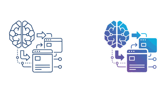 Artificial intelligence brain processing information into digital browser windows representing machine learning and data analysis workflow in professional gradient vector icon set design