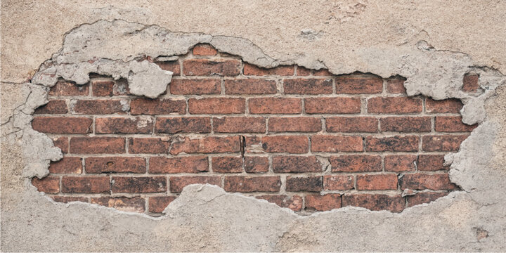 Old plaster wall texture with peeling surface exposing red bricks underneath for construction renovation architecture and design