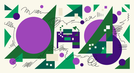 Fototapeta premium Abstract geometric composition with large purple circle and green triangles