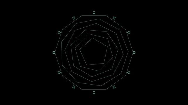 Minimalist geometric circle animation with rotating pentagons and pulsing nodes 4k motion abstract