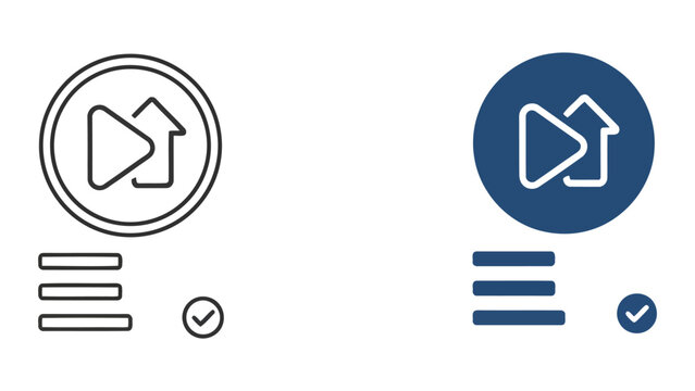 Video playback and upload progress icon set featuring circular play buttons and list items with status checkmarks for streaming services and media management dashboards and interface elements