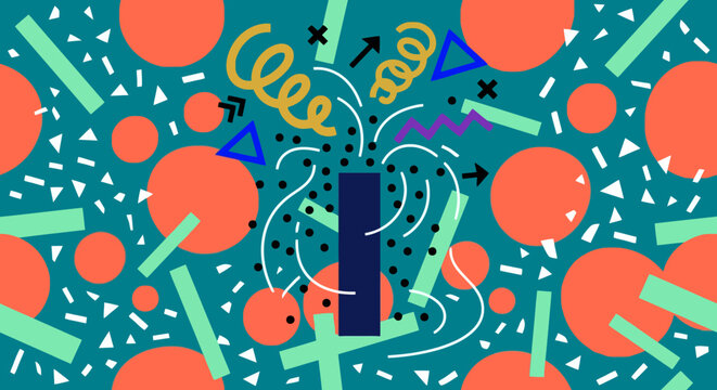 Fun 80s 90s inspired abstract geometric pattern with colorful shapes