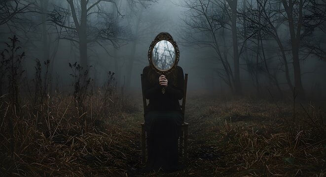 Mysterious Woman Sitting on Chair Holding Mirror in Foggy Forest with Bare Trees