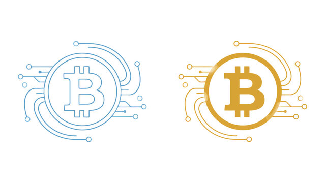 Bitcoin cryptocurrency coin icon with circuit board pathways representing digital finance and blockchain technology in clean minimalist vector graphic style for financial services and apps