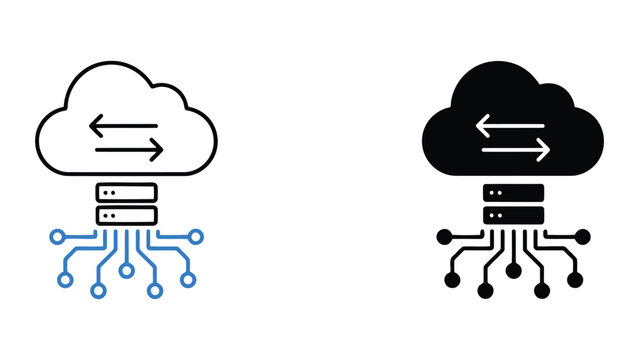 Cloud server data synchronization icon set featuring transfer arrows and circuit board connectors as professional vector graphics for cloud storage and data center infrastructure concepts