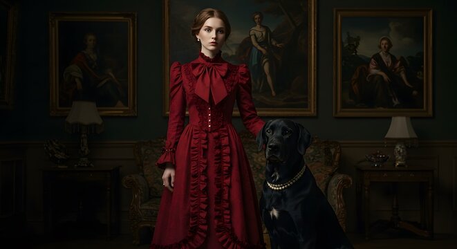 Elegant Woman in Red Victorian Dress Standing with Large Black Dog in Classic Art Gallery