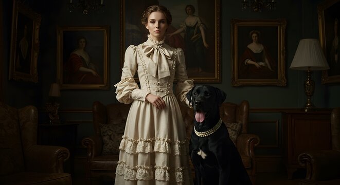 Elegant Woman in Vintage Dress Standing with Dog in Classic Interior