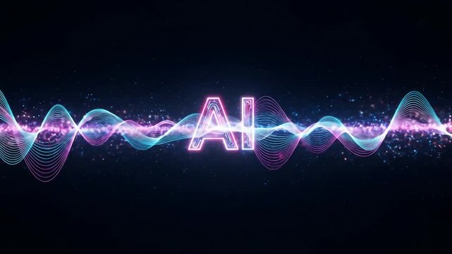 AI Artificial Intelligence neon logo with digital waves and particles.