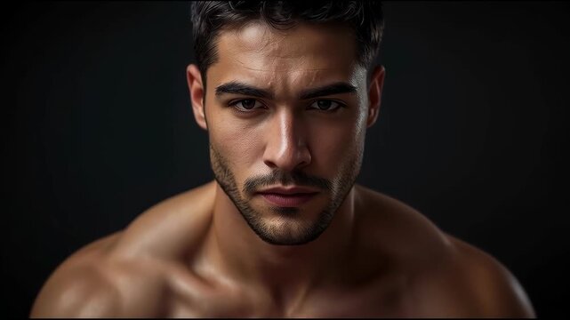 Handsome muscular man portrait bare chest intense expression dramatic lighting athletic shirtless