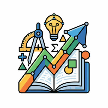 Colorful abstract design with mathematical symbols and ascending graph