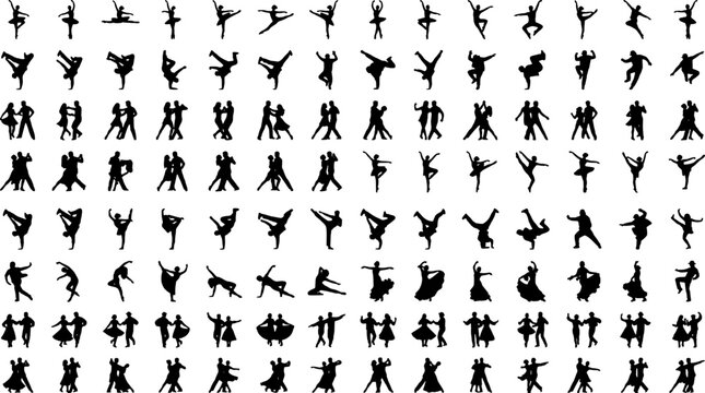 Black silhouettes of people in various dance poses