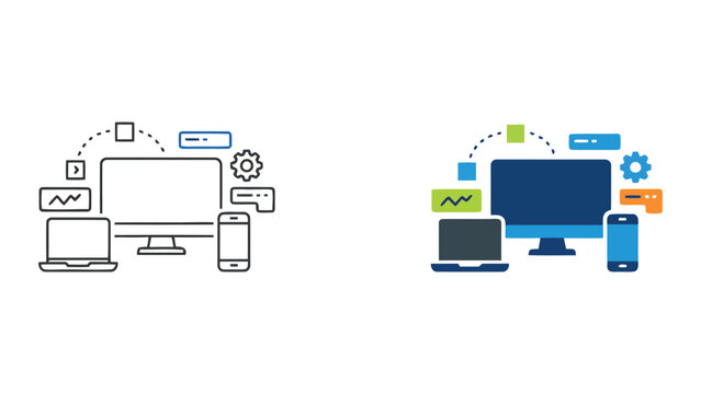 Multi-device synchronization and digital workspace management icons featuring monitors laptops and smartphones in line and solid styles for business productivity and technology integration concepts
