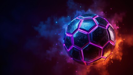 Naklejka premium A futuristic soccer ball with bright neon seams against a dark space with glowing sparks and dots. A photo with a place for the text.
