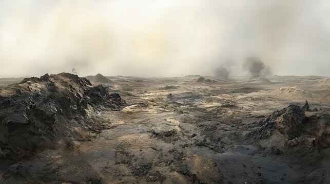 A desolate rural landscape affected by pollution, with detailed textures and soft light creating a somber atmosphere