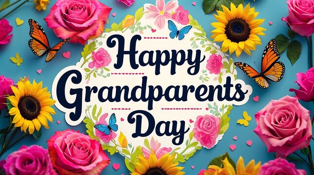 Happy grandparents day celebration with flowers and butterflies on blue background