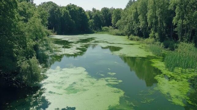 A village pond covered with vibrant green algae blooms reflecting the surrounding trees and clear sky
