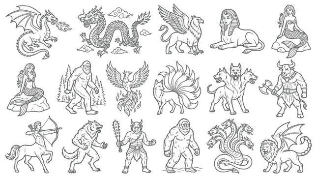 Collection of mythical creatures and legendary beasts from folklore and fantasy, depicted in a line art style.