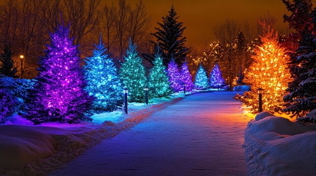 A Winter Wonderland Path Lined with Illuminated Christmas Trees in Vibrant Colors on a Snowy Evening