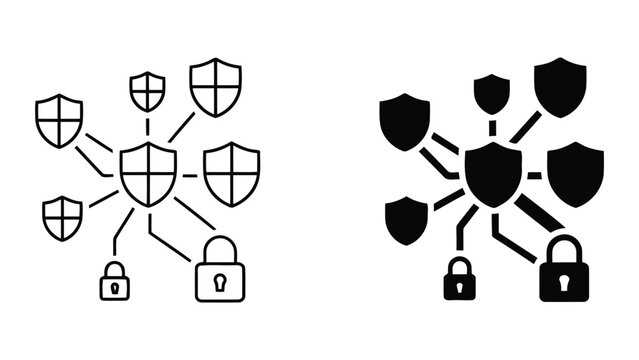 Network security architecture icon set featuring central shield and padlock nodes with interconnected protective layers in a minimalist black and white vector graphic for cyber defense