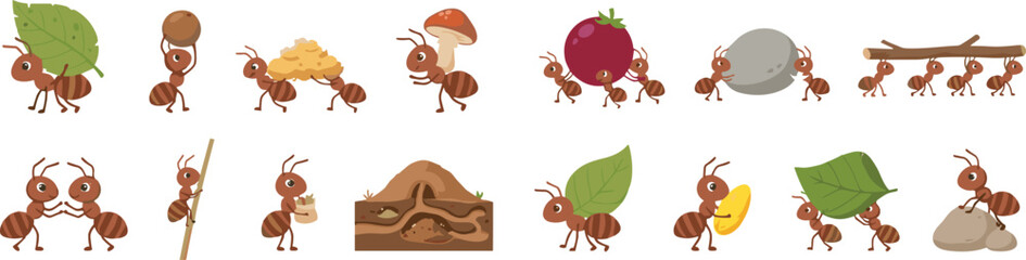 Fototapeta premium Cute ant activity collection, hardworking insect behavior and colony life set, cartoon vector illustration, isolated white background design
