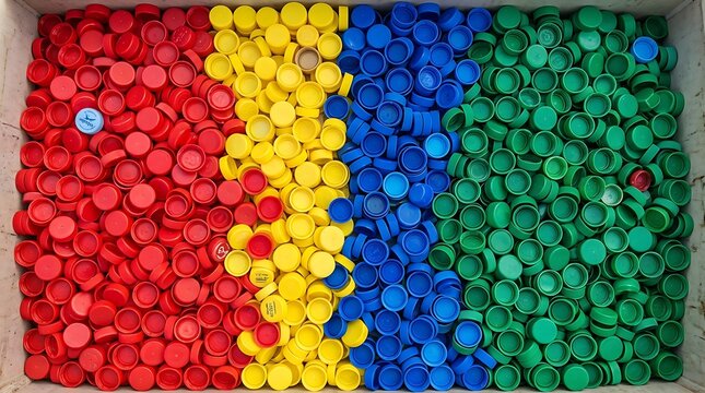 Plastic bottle caps sorted by color in a container