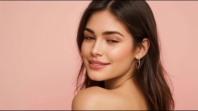 Young woman smiling over shoulder portrait with bare shoulder hoop earring studio pink background