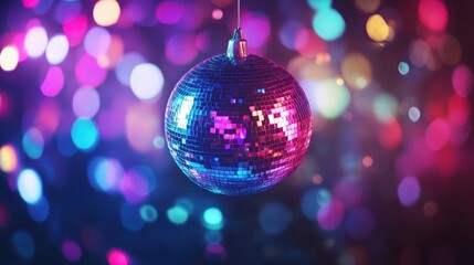 A dazzling disco ball hangs suspended in a club, reflecting vibrant colorful lights with a bokeh effect for a lively party atmosphere.