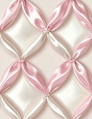 Fototapeta premium A close-up of a tufted satin fabric pattern in soft pink and cream, creating a luxurious, quilted diamond design with knotted intersections.