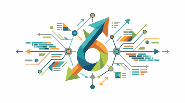 Colorful abstract infographic with arrows charts and data flows