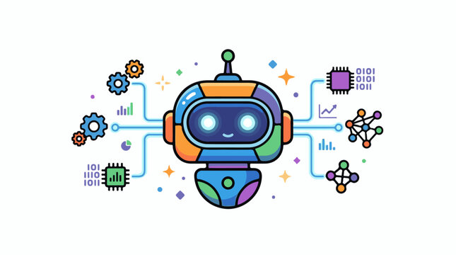 Colorful cartoon robot with circuit board and gears symbolizing AI