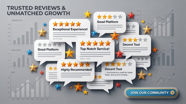 Customer Reviews and Growth Chart: A dynamic visual representation of customer satisfaction, featuring star ratings and testimonials overlaid on a business growth chart.