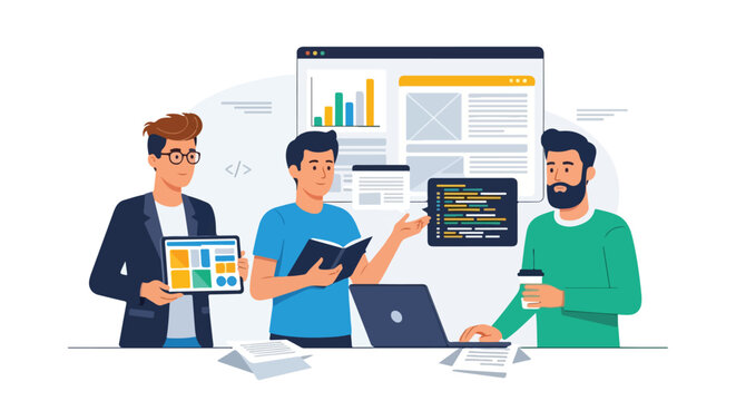 Three men collaborate on a web development project, using a tablet, laptop, and charts to build a modern software application as a professional team.