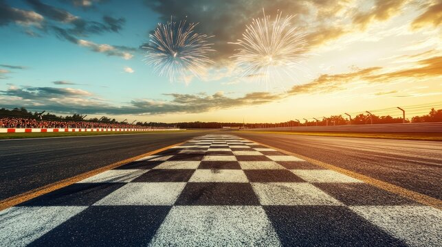 Chequered Finish Line at Sunset with Fireworks Celebrating Motorsport Victory