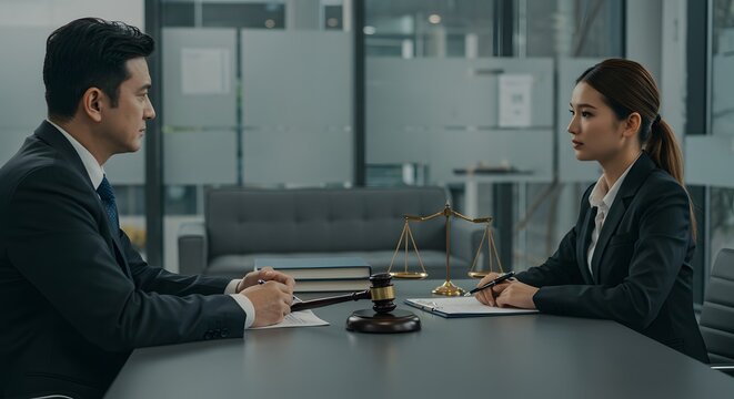 Professional Man and Woman in Formal Business Meeting Sitting at Office Table with Legal Scales