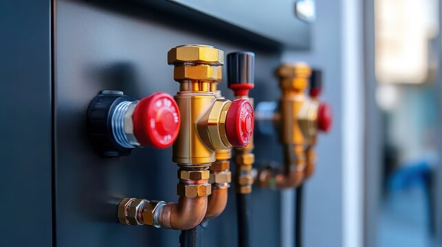 Close-up detailed view of industrial heating system brass valves and copper pipes with red accents, showcasing intricate engineering and sleek style.