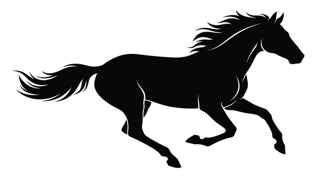Horse silhouette captures the dynamic motion of a powerful stallion running in a classic black and white graphic style.