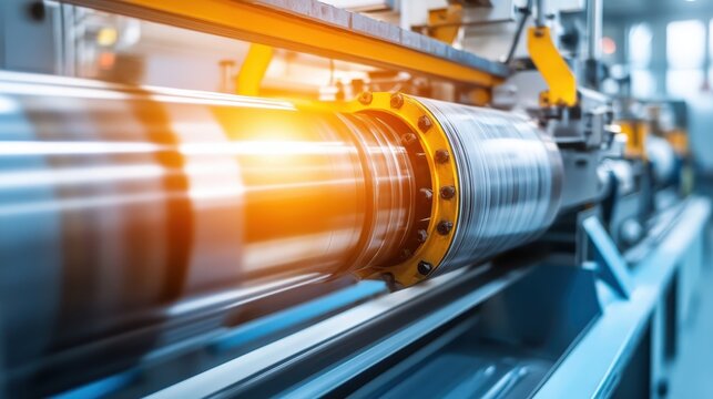 Close-up view of a large, powerful industrial machine component in a modern manufacturing facility with natural lighting