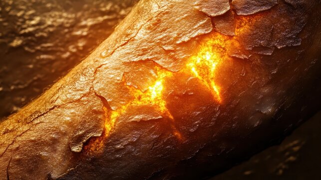 Close-up of healing third-degree burn on forearm revealing textured scar tissue under bright medical lighting.