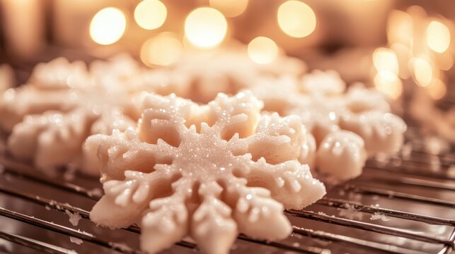 Delicate Snowflake Christmas Cookies Cooling on Rack with Soft Bokeh Lights