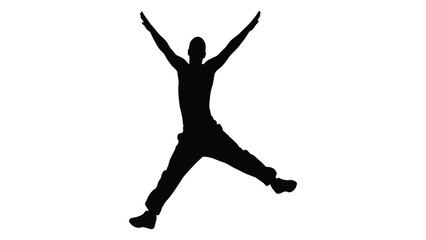 Person silhouette jumping with arms raised high symbolizes joy and freedom in a dynamic pose. © Adam