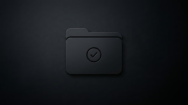 Minimalist black folder icon with checkmark on dark textured background emphasizing simplicity and digital organization