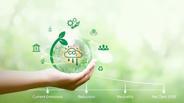 Person holding a green globe with co2 reduction icons for net zero future